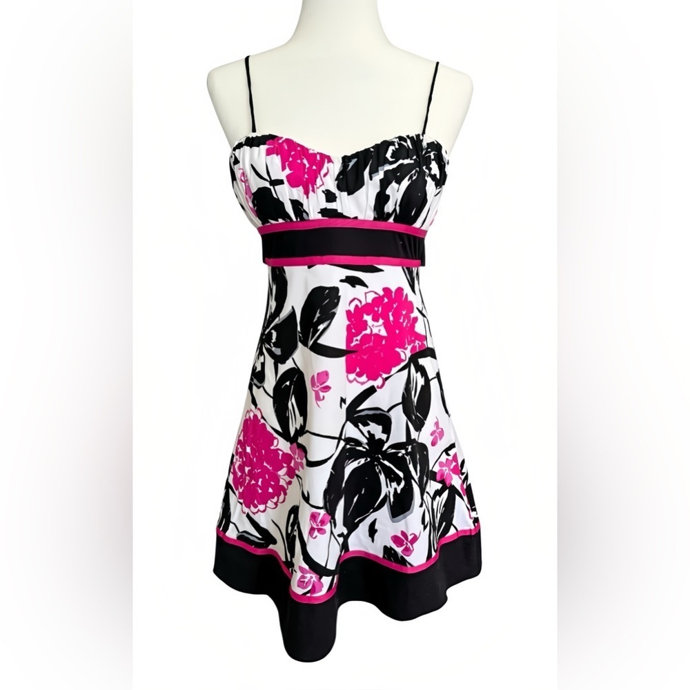 Speechless Dress Juniors 3 Black White Pink Floral Empire Waist A-Line Bow Back
